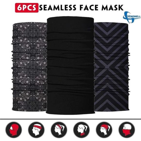 6Pcs Neck Gaiter Face Mask Men Women,Seamless Bandana Rave Face Cover Scarf Mask - Picture 3 of 6